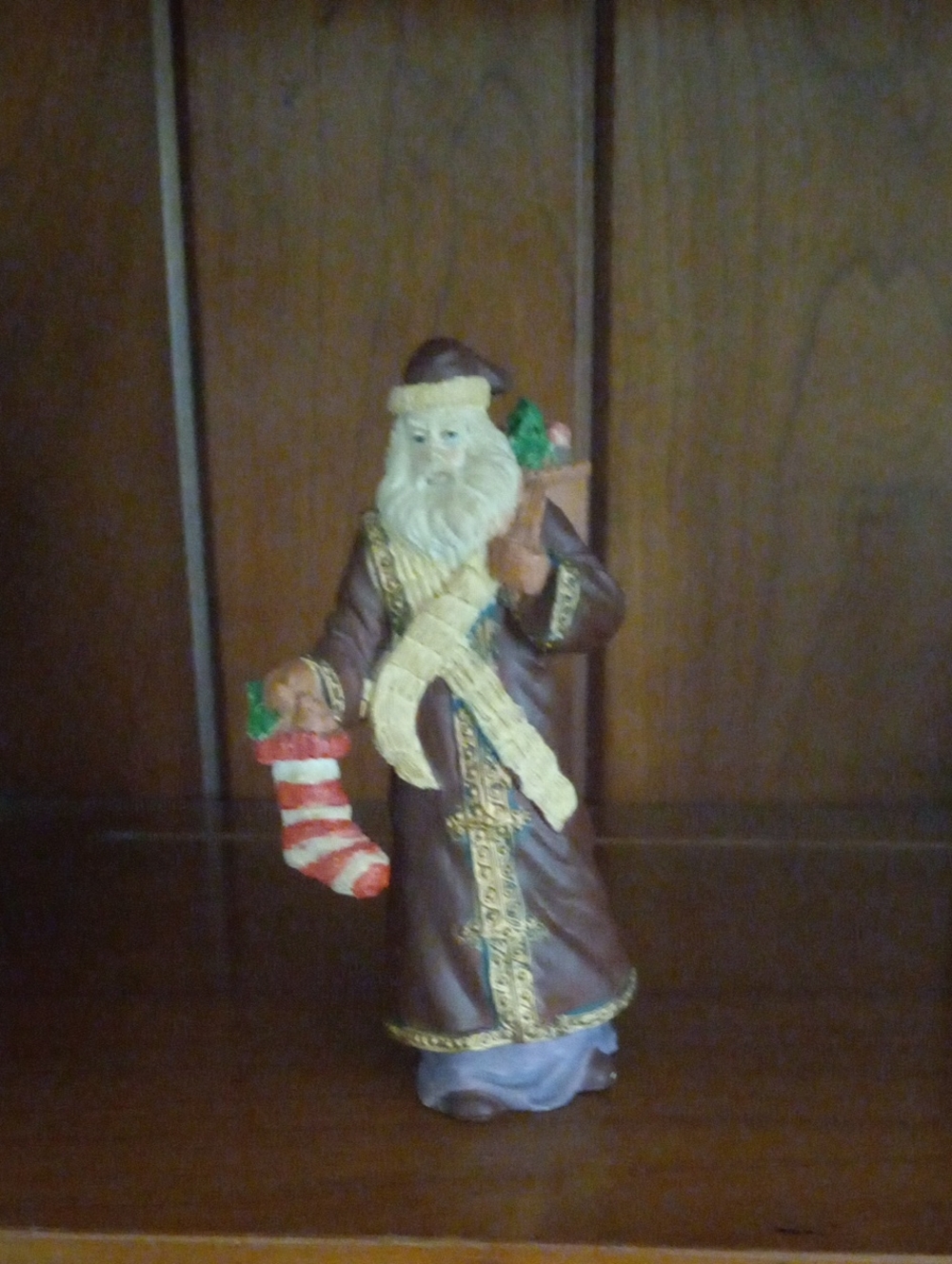 Vintage Brown Old World Santa Claus Figurine Holding Stocking Basket of Toys